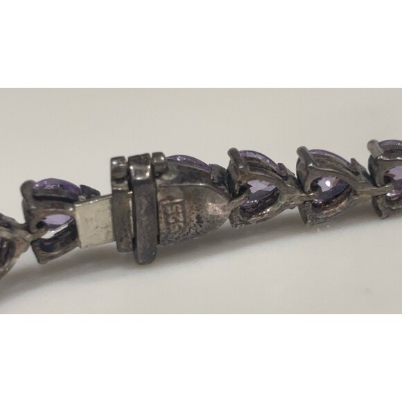 Vintage Sterling Silver Bracelet Purple Glass Heart Stones Signed 7" - Picture 13 of 14